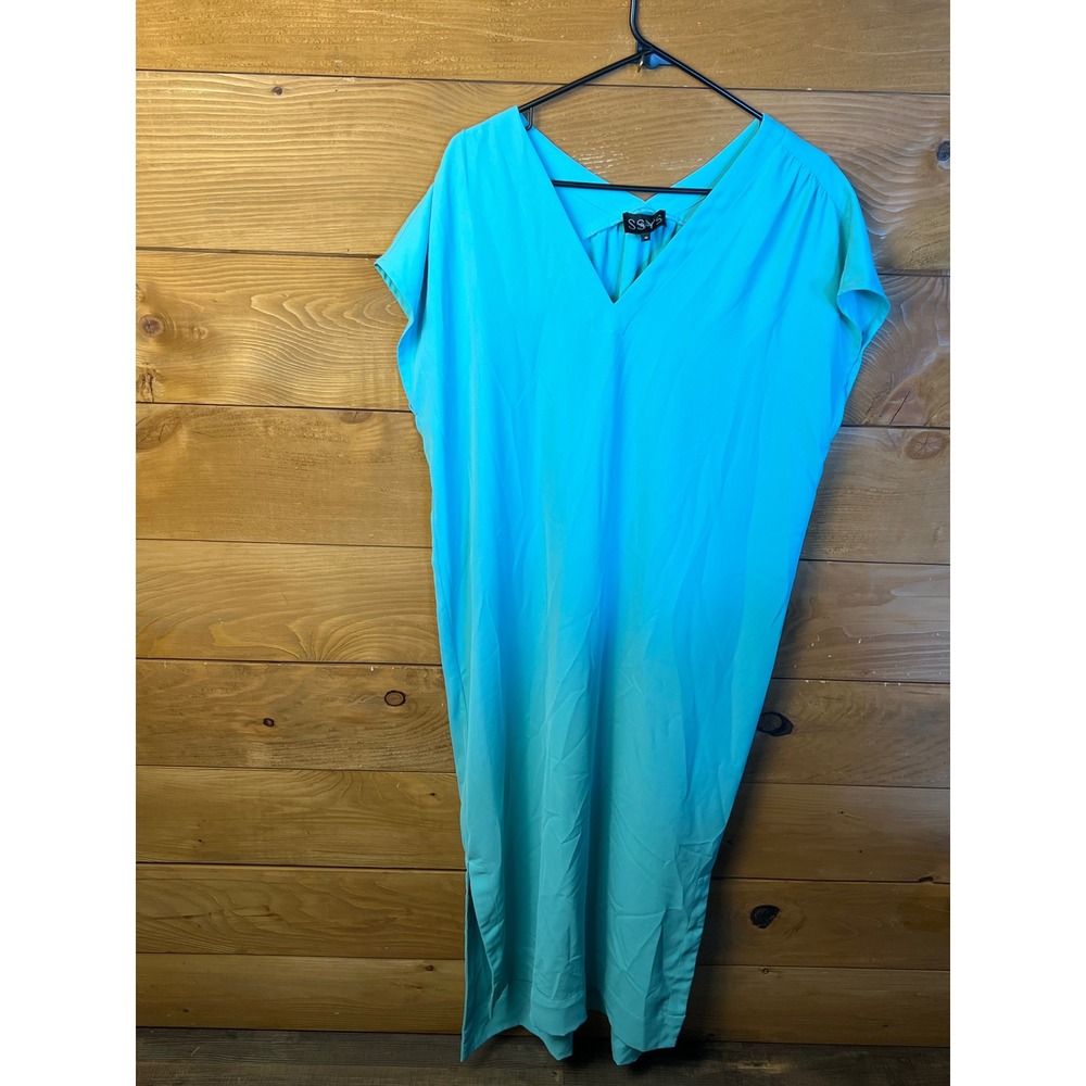 SSYS the Label Women's Midi Dress V Neck Short Sleeve Aqua Blue Size M
